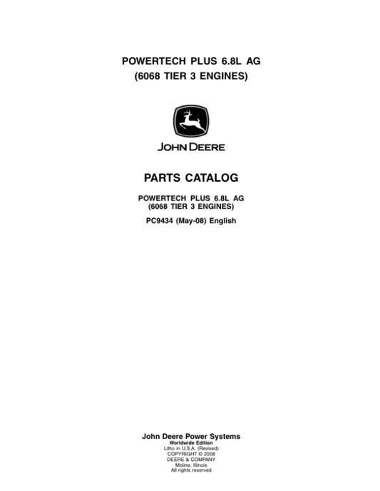 John Deere 6.8L, 6068 Engines Tier 3 Parts Catalog Manual – PC9434 Workshop Guide