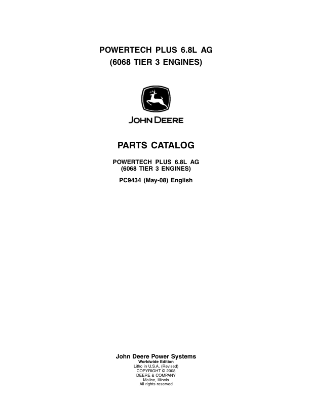 John Deere 6.8L, 6068 Engines Tier 3 Parts Catalog Manual – PC9434 Workshop Guide