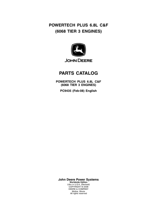 John Deere Powertech Plus 6.8L C&F, 6068 Engines Parts Catalog Manual – PC9435 Workshop Guide