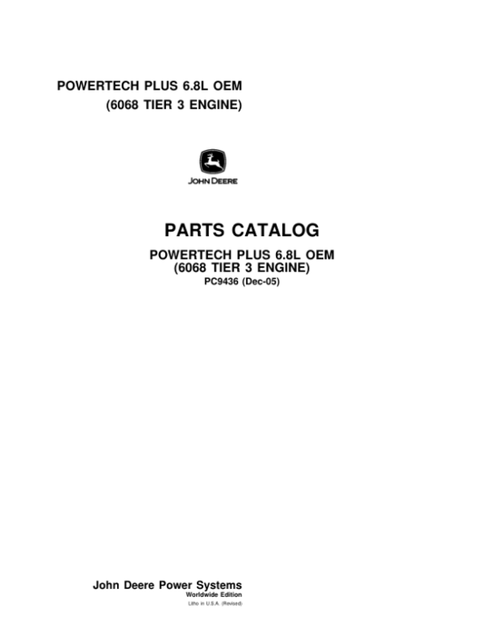 John Deere 6.8L, 6068HF485 Engines Parts Catalog Manual – PC9436 Workshop Guide