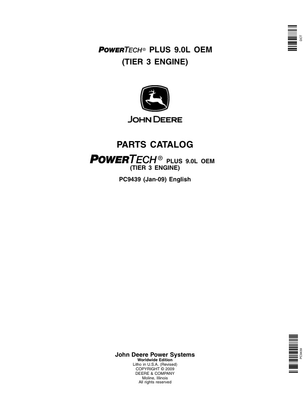John Deere 9.0L, 6090 Engines TIER 3 – 6090HF485 Parts Catalog Manual – PC9439 Workshop Guide