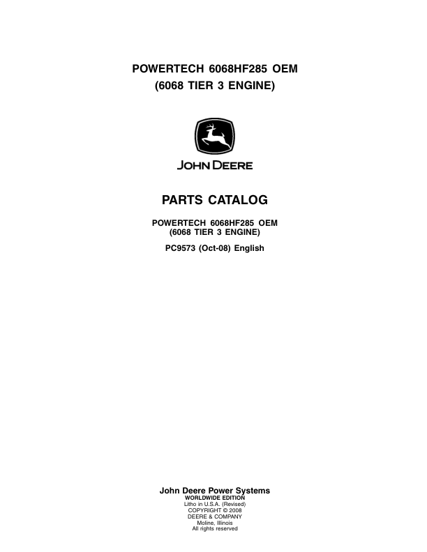 John Deere 6.8L, 6068HF285 Engines Parts Catalog Manual – PC9573 Workshop Guide