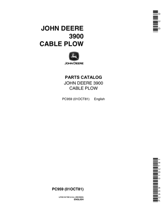 John Deere 3900 Attachments (Cable Plow) Parts Catalog Manual – PC959 Workshop Guide
