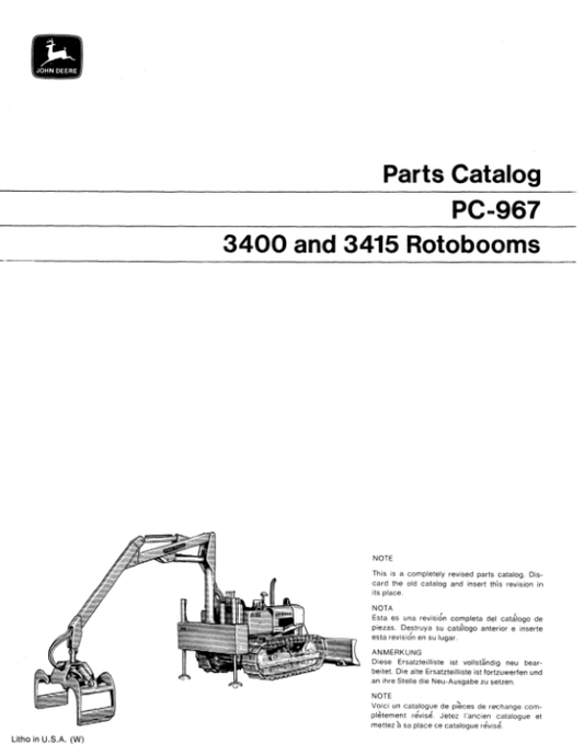 John Deere 3400, 3415 Rotobooms Attachments Parts Catalog Manual – PC967 Workshop Guide