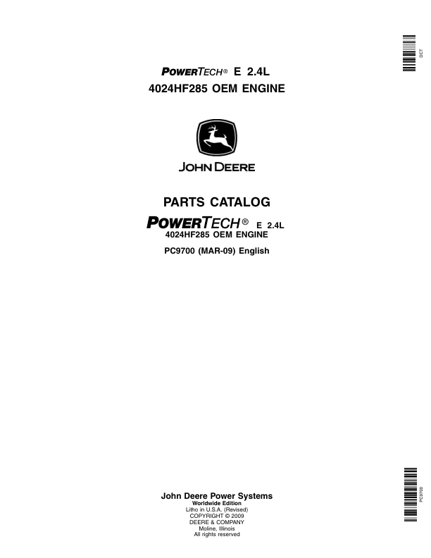 John Deere 2.4L, 4024HF285 Engines Parts Catalog Manual – PC9700 Workshop Guide