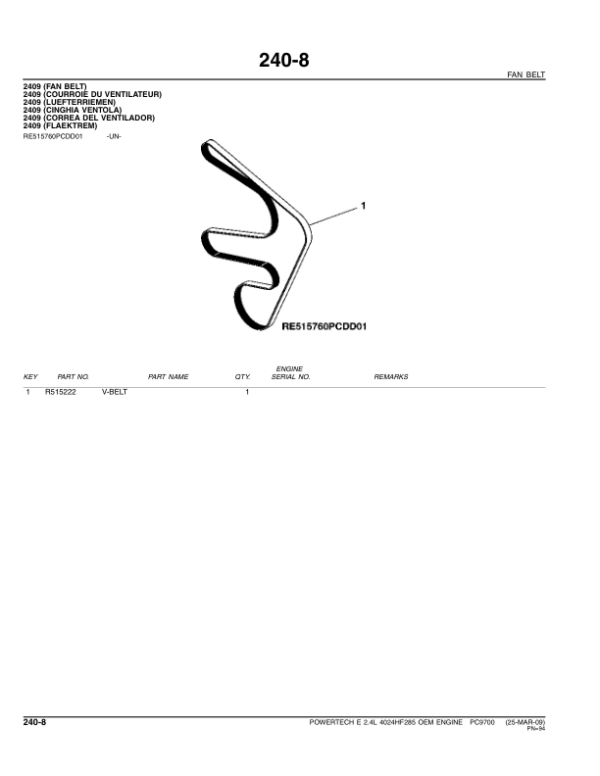 John Deere 2.4L, 4024HF285 Engines Parts Catalog Manual – PC9700 Workshop Guide