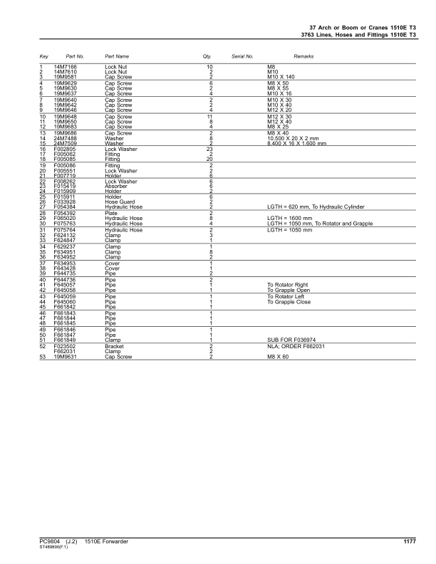 John Deere 1510E Forwarders (SN 001504 – 001927) Parts Catalog Manual – PC9804 Workshop Guide