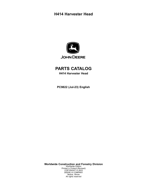 John Deere H414 Harvesting Heads Parts Catalog Manual – PC9822 Workshop Guide
