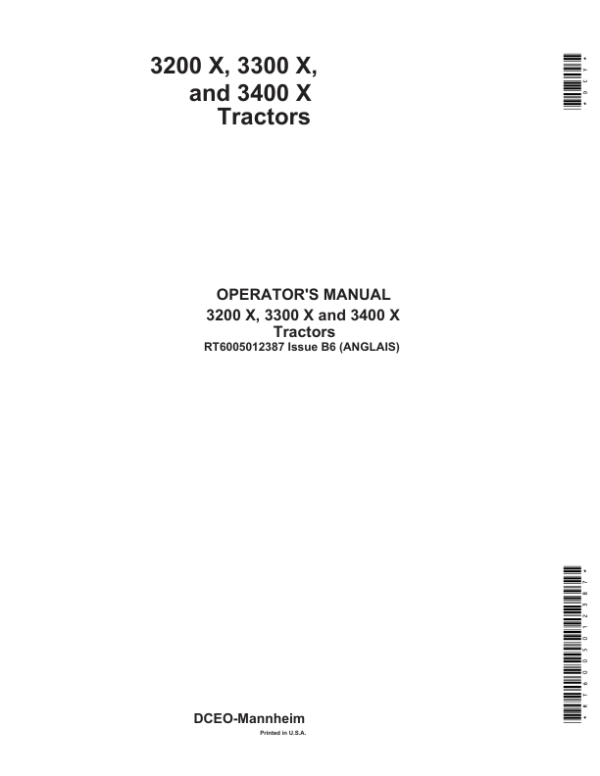John Deere 3200X, 3300X & 3400X Tractors Operator’s Manual (RT6005012387) Workshop Guide