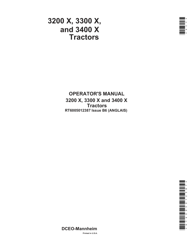 John Deere 3200X, 3300X & 3400X Tractors Operator’s Manual (RT6005012387) Workshop Guide