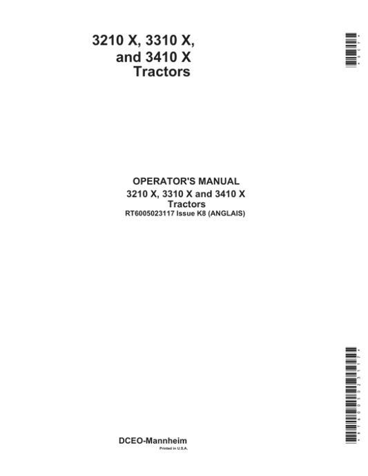John Deere 3210X, 3310X & 3410X Tractors Operator’s Manual (RT6005023117) Workshop Guide