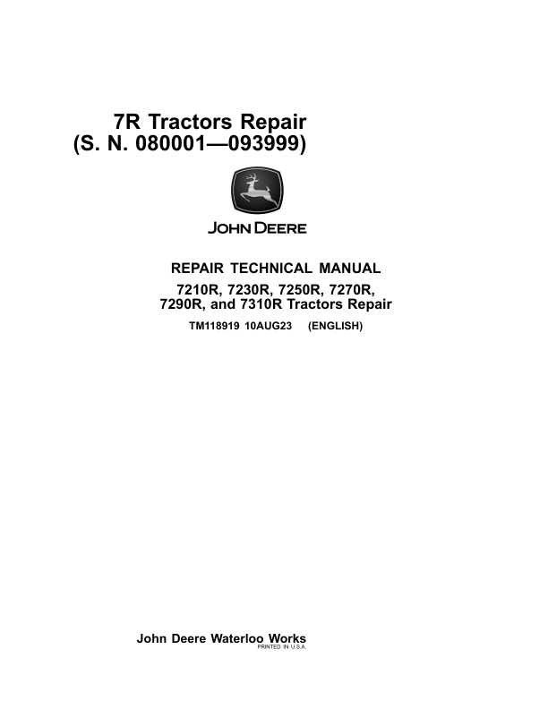 John Deere 7210R, 7230R, 7250R, 7270R, 7290R, 7310R Tractors Repair Manual Workshop Guide