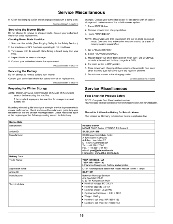 John Deere Tango E5 Series II Robotic Mower Operator’s Manual (SAU15849) Workshop Guide