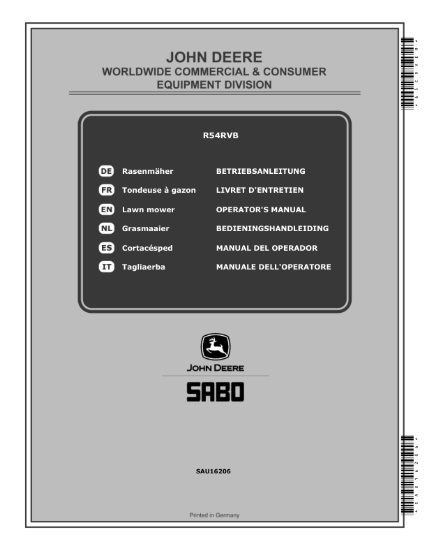John Deere R54RVB Lawn Mowers (2018-2019) Operator’s Manual (SAU16206) Workshop Guide