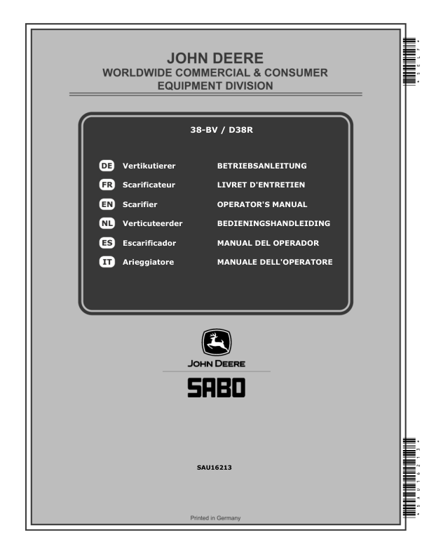 John Deere 38-BV (SA230820) & D38R (SA235820) Scarifiers Operator’s Manual (SAU16213) Workshop Guide