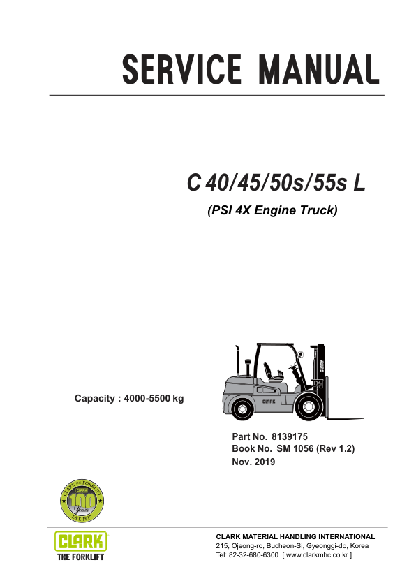 Clark C40L, C45L, C50SL, C55SL Forklift Service Repair Manual (PSI 4X Engine) Workshop Guide