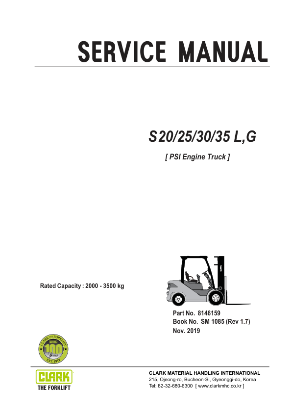 Clark S20L, S20G, S25L, S25G, S30L, S30G, S35L, S35G Forklift Service Repair Manual (PSI Engine) Workshop Guide