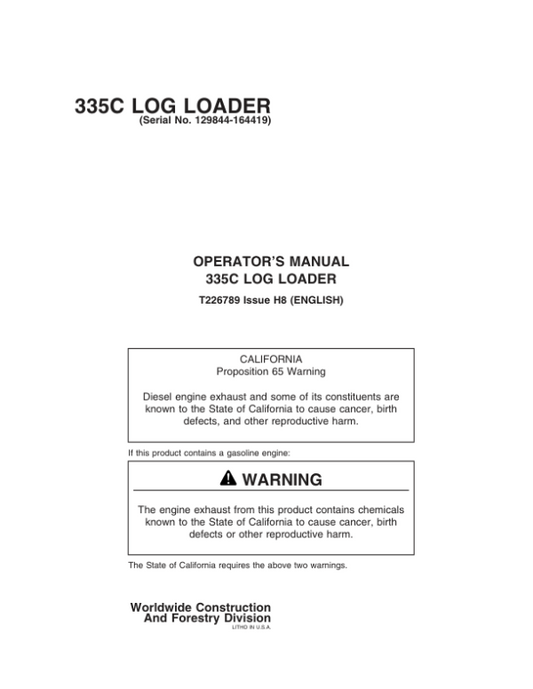 John Deere 335C Knuckleboom Loader Operator’s Manuals (T226789) Workshop Guide
