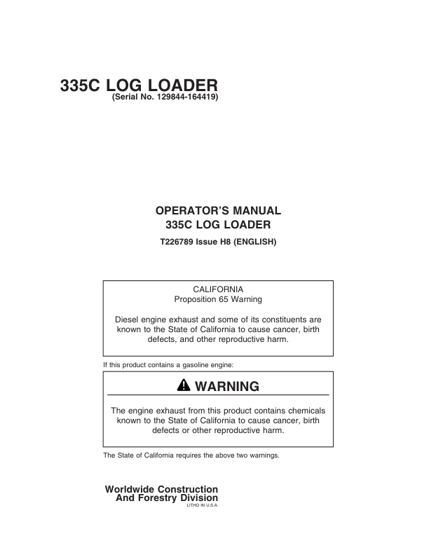 John Deere 335C Knuckleboom Loader Operator’s Manuals (T226789) Workshop Guide
