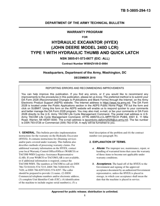 John Deere 240DLCR Excavators Operator’s Manuals (TB5380529413) Workshop Guide