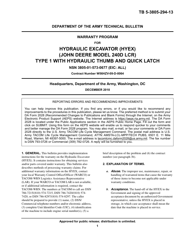 John Deere 240DLCR Excavators Operator’s Manuals (TB5380529413) Workshop Guide