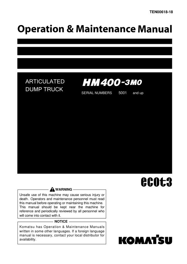 Komatsu HM400-5E0 Dump Truck Service Repair Manual Workshop Guide