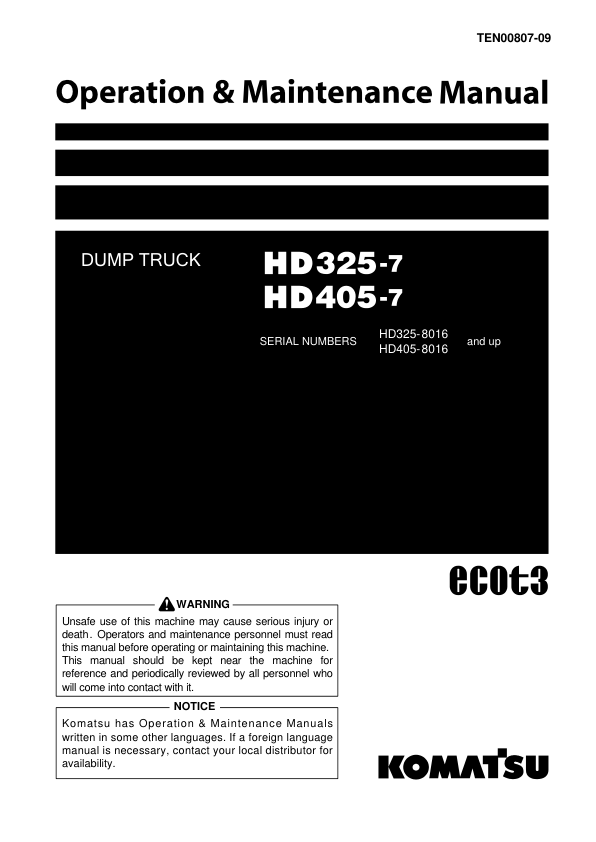 Komatsu HD325-7, HD405-7 Dump Truck Service Repair Manual Workshop Guide