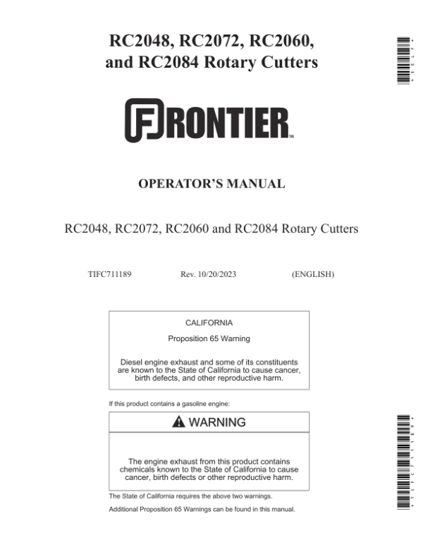 John Deere Frontier Rotary Cutters – RC2048, RC2060, RC2072, RC2084 Operator’s Manual (TIFC711189) Workshop Guide