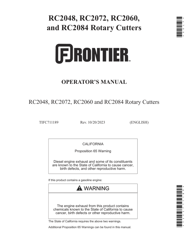 John Deere Frontier Rotary Cutters – RC2048, RC2060, RC2072, RC2084 Operator’s Manual (TIFC711189) Workshop Guide