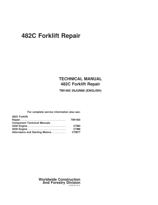 John Deere 482C Forklift Repair Technical Manual (TM1465) Workshop Guide