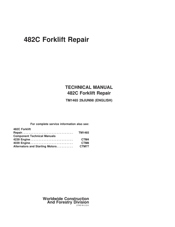 John Deere 482C Forklift Repair Technical Manual (TM1465) Workshop Guide