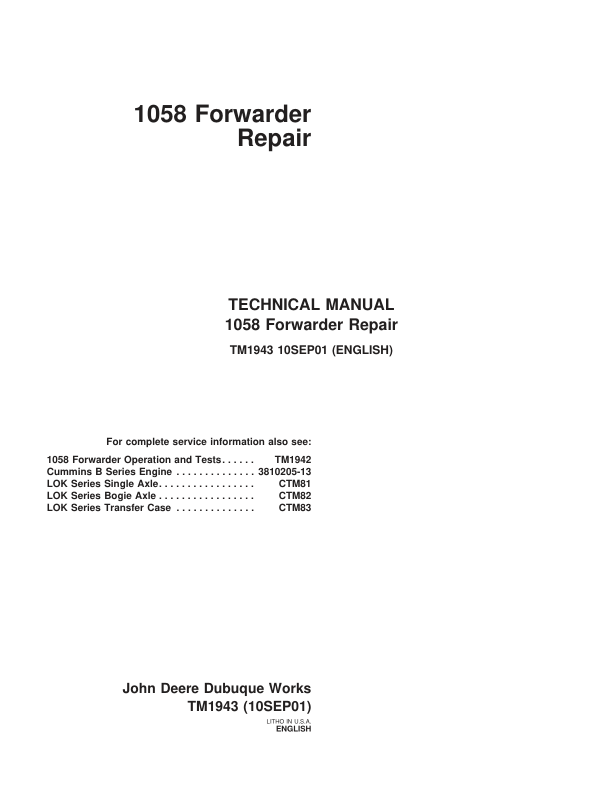 John Deere 1058 Forwarder Repair Technical Manual – (TM1943) Workshop Guide