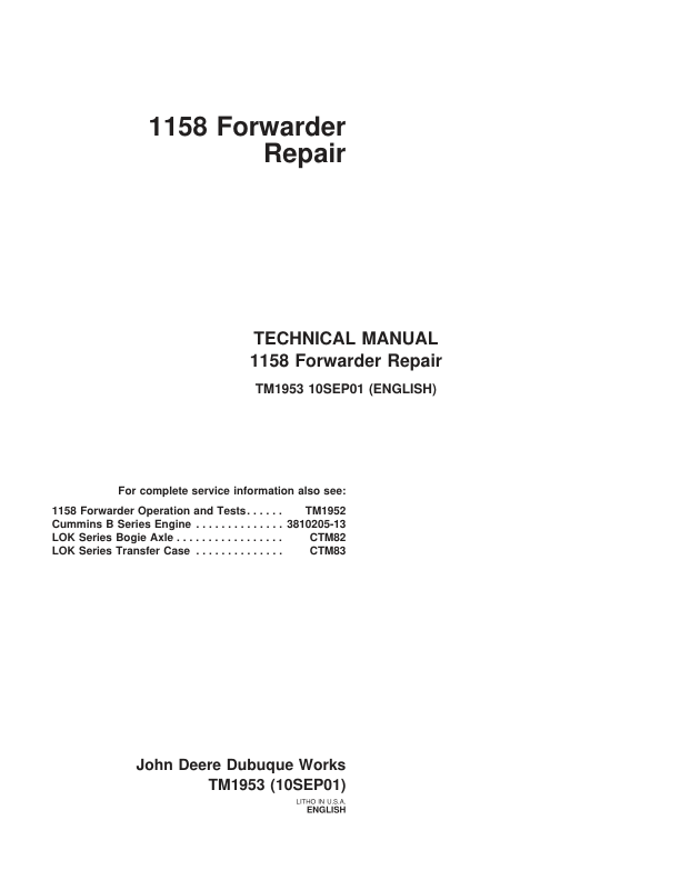 John Deere 1158 Forwarder Repair Technical Manual – (TM1953) Workshop Guide