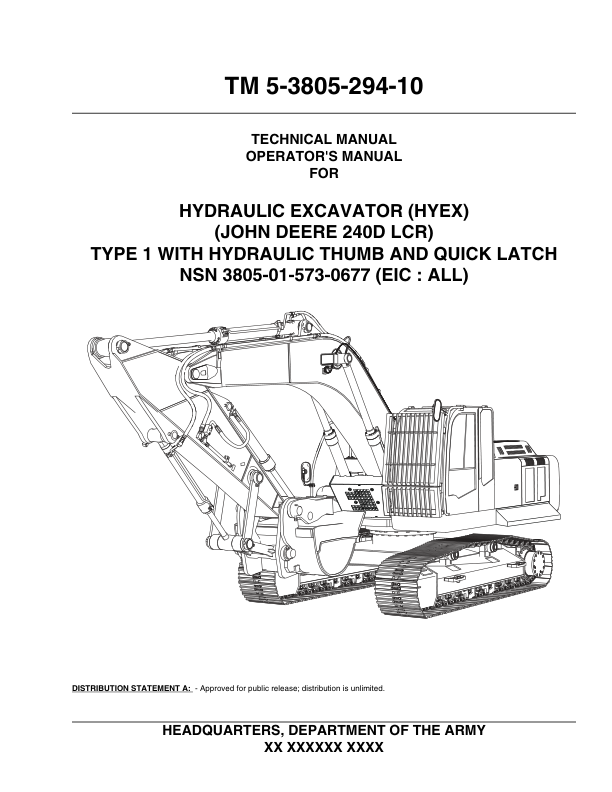 John Deere 240DLCR Excavators Operator’s Manuals (TM5380529410) Workshop Guide