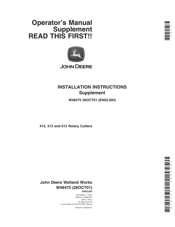 John Deere Operator’s Manual Supplement 413, 513 & 613 Rotary Cutters  Operator’s Manual (W48475) Workshop Guide