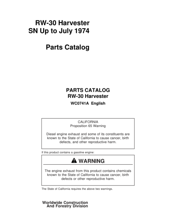 Timberjack RW30 Harvester (SN Up to July 1974) Parts Catalog Manual Workshop Guide