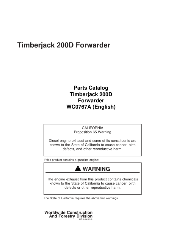 Timberjack 200D Forwarders (SN 787117-788857) Parts Catalog Manual – WC0767A Workshop Guide