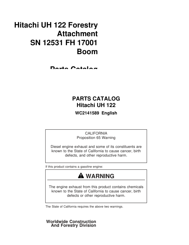 Hitachi UH 122 Attachments (SN 12531- & FH 17001 Boom) Parts Catalog Manual – WC2141589 Workshop Guide