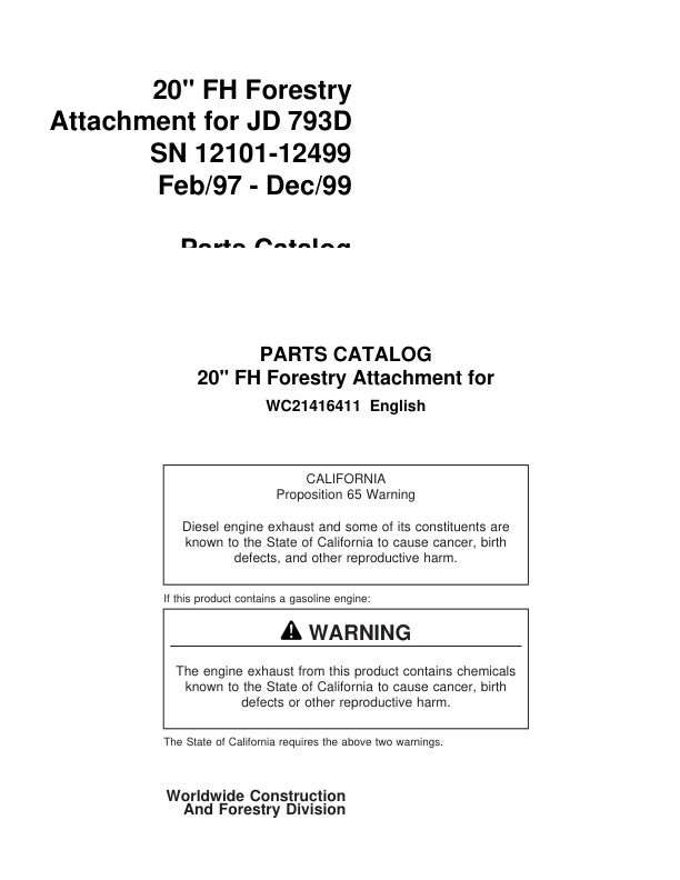 Koehring 20 Inch (JD 793D) (SN 12101-12499) Felling Heads Parts Catalog Manual – WC21416411 Workshop Guide