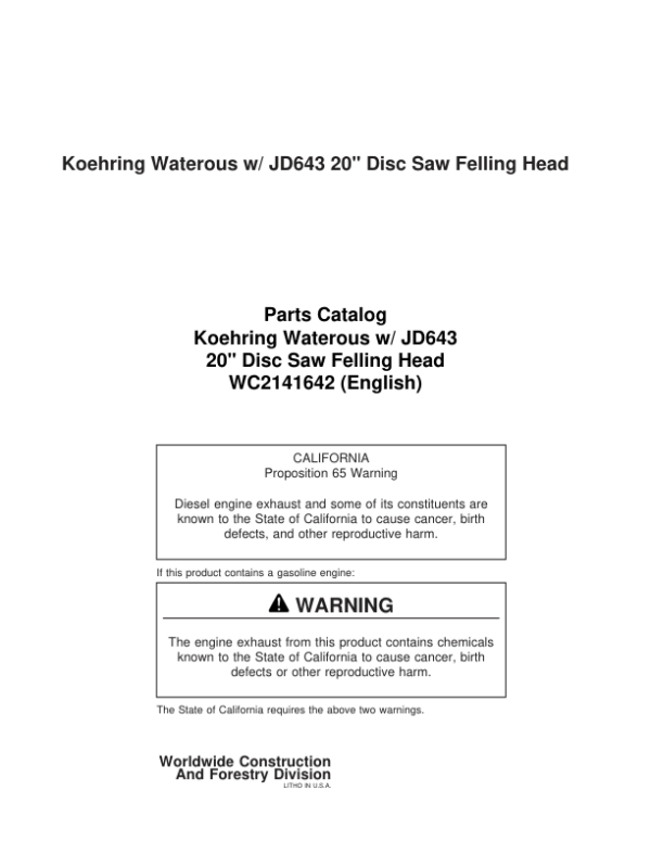 Koehring 20 Inch (JD643) Felling Heads (SN 12101 – 12499 & 62001 –) Parts Catalog Manual Workshop Guide