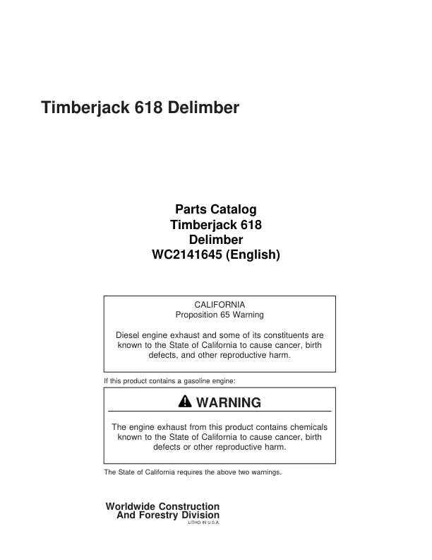 Timberjack 618 Delimbers (SN 52661–52700) Parts Catalog Manual – WC2141645 Workshop Guide