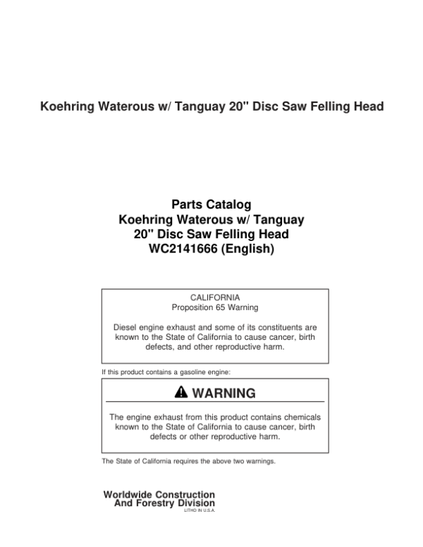 Koehring 20 Inch (Tanguay 221) Felling Heads Parts Catalog Manual – WC2141666 Workshop Guide