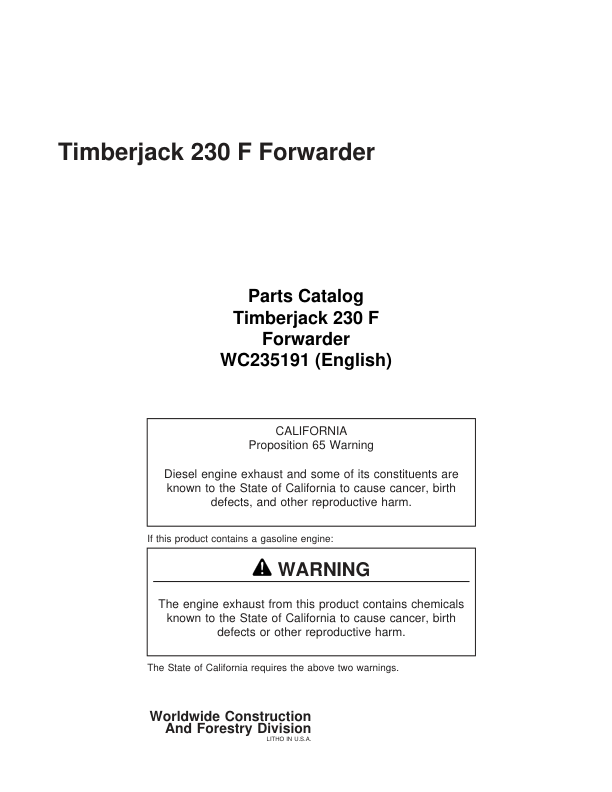 Timberjack 230F Forwarders Parts Catalog Manual – WC235191 Workshop Guide