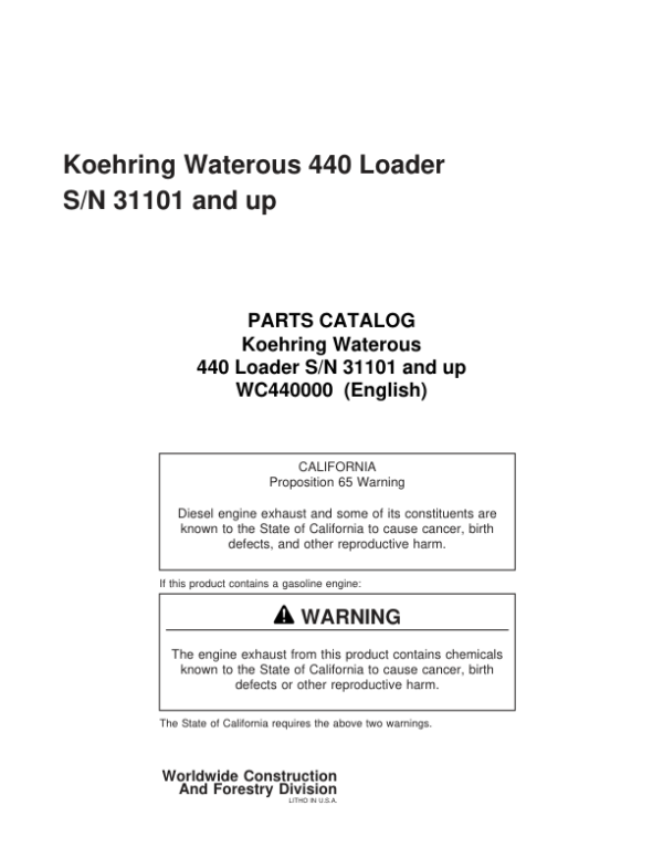 Koehring Waterous 440 Knuckleboom Loader (SN 32001- ) Parts Catalog Manual Workshop Guide