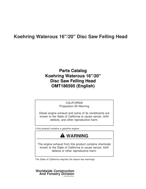 Koehring 16 Inch, 20 Inch  (JD643D) Felling Heads (SN 68004 – & 62271 –) Parts Catalog Manual Workshop Guide
