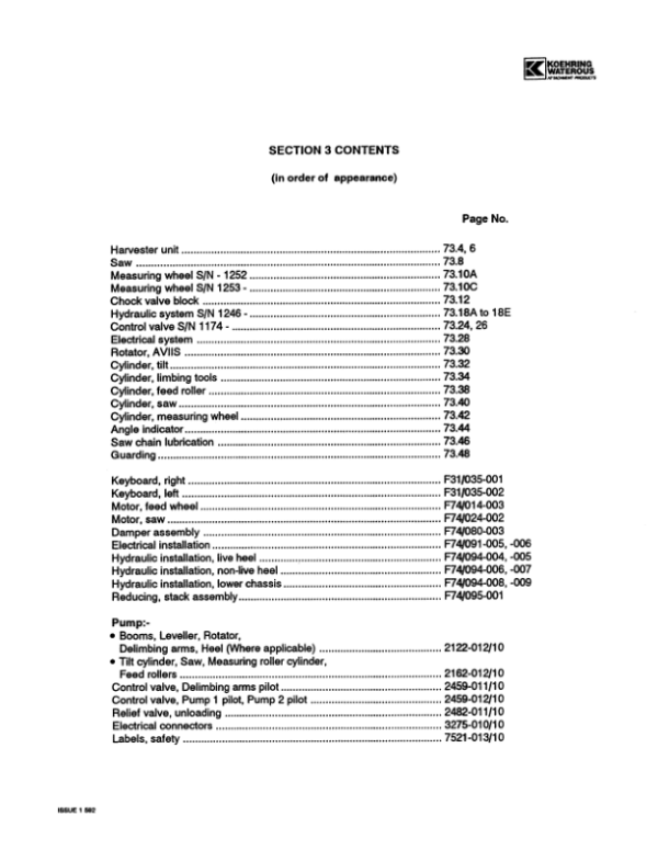 Koehring Waterous 762A Harvesting Heads Parts Catalog Manual Workshop Guide