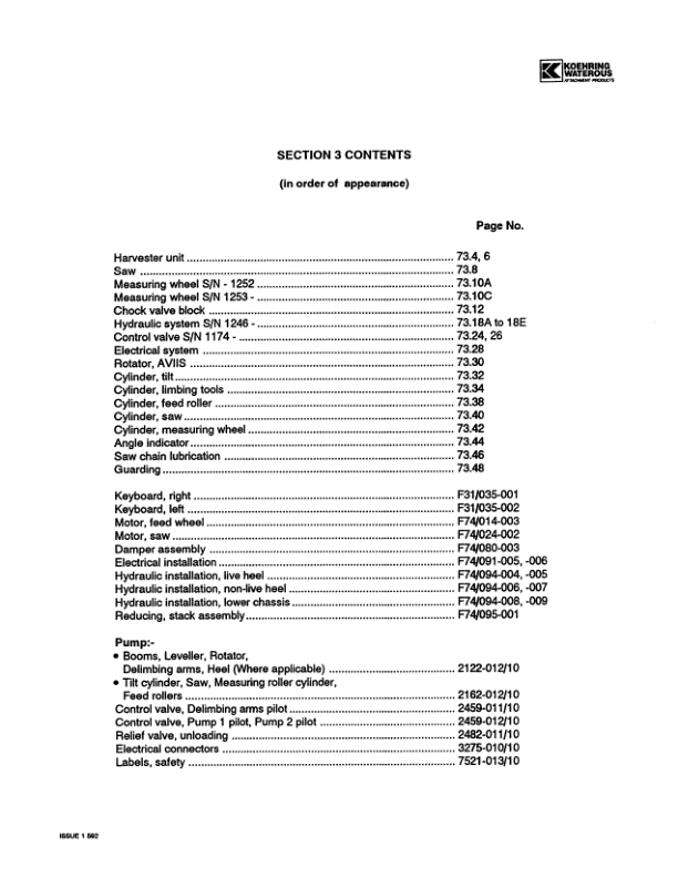 Koehring Waterous 762A Harvesting Heads Parts Catalog Manual Workshop Guide