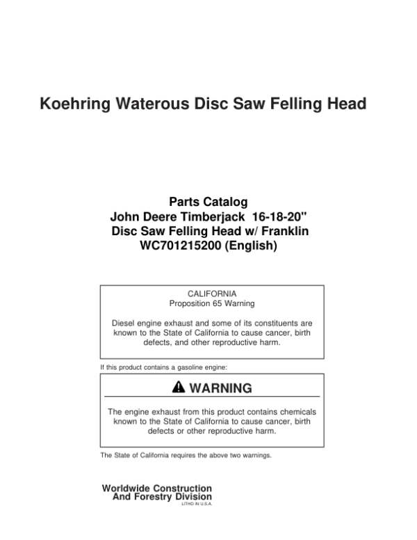 Koehring 16 Inch, 18 Inch, 20 Inch (Franklin Machine) Felling Heads Parts Catalog Manual Workshop Guide