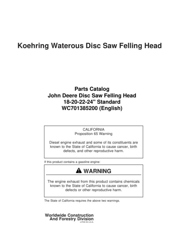 Koehring 18 Inch, 20 Inch, 22 Inch, 24 Inch Felling Heads Parts Catalog Manual Workshop Guide