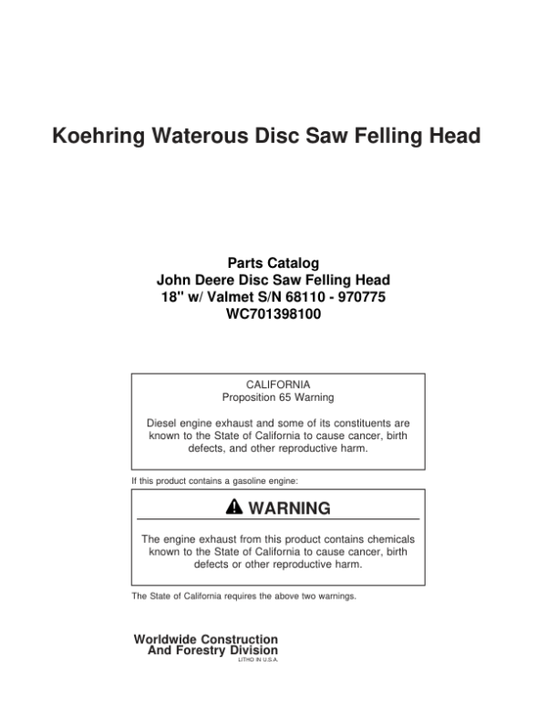 Koehring 18 Inch (Valmet) Felling Heads (SN 68110 – 970775) Parts Catalog Manual Workshop Guide